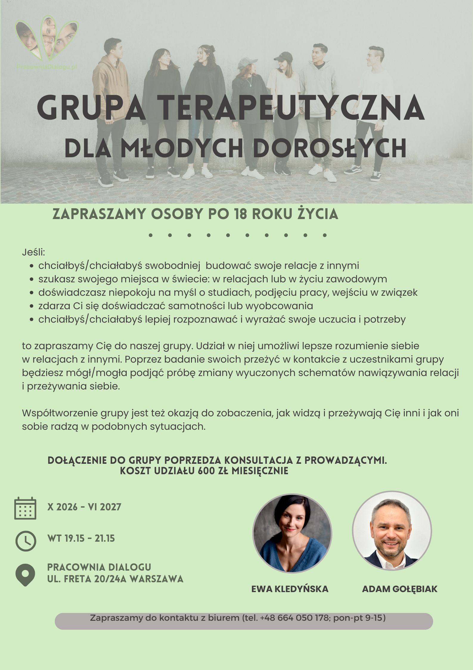 Plakat grupy terapeutycznej dla młodych dorosłych.